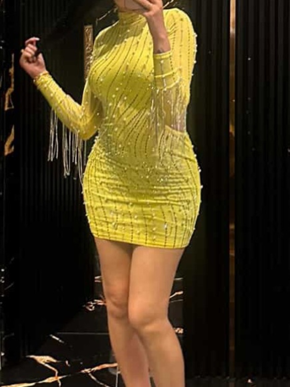 Yellow Long-Sleeve Ruched Mini Dress